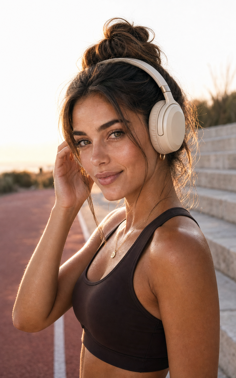 Lena wearing wireless headphones after a run