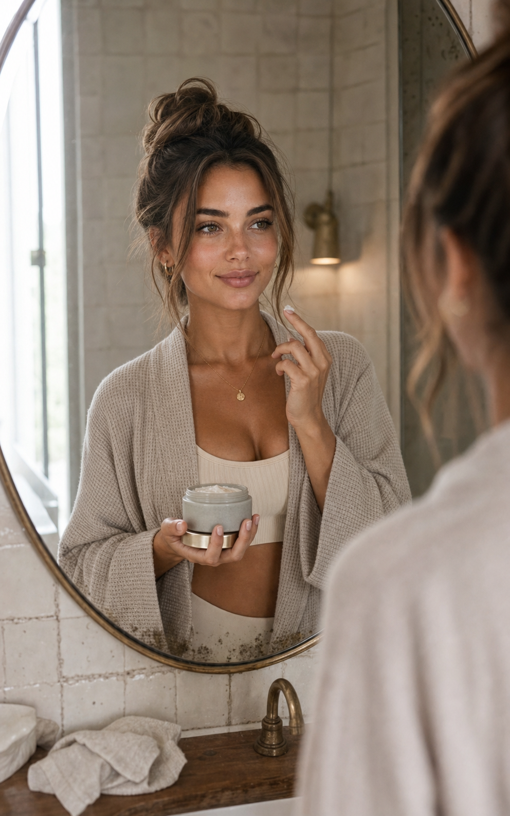 Lena using moisturizer in a bathroom mirror